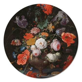 Muurcirkel Stilleven met bloemen en een horloge - Abraham Mignon
