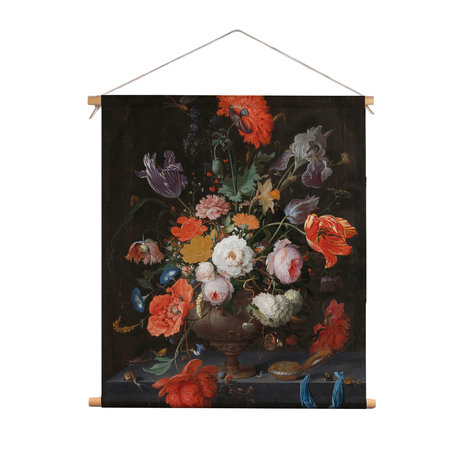 Textielposter Stilleven met bloemen en een horloge - Abraham Mignon